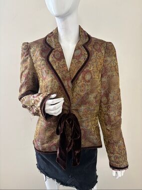 ECI New York Jacquard Print Blazer in Gold & Burgundy Velvet-Trim Puff Shoulders
